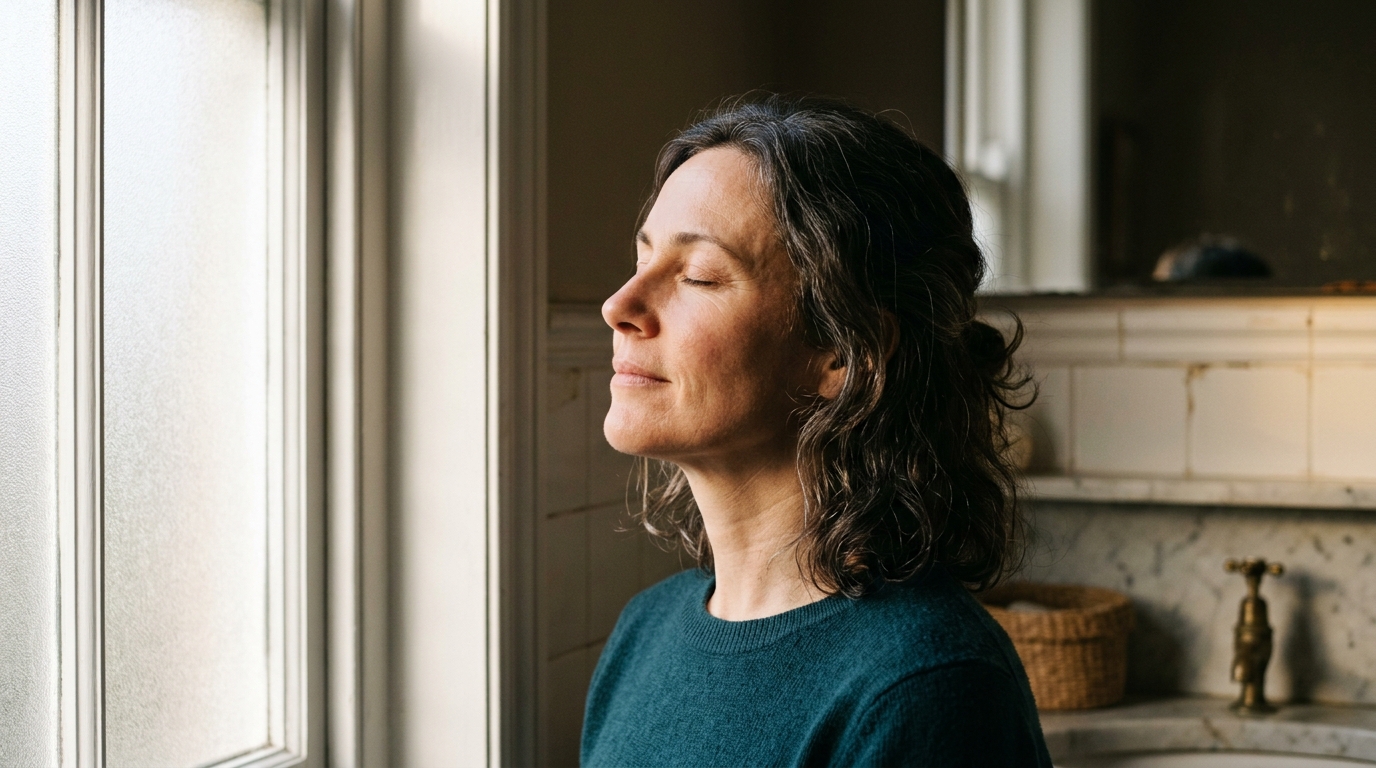 woman face lifted morning window light skin glow cellular renewal