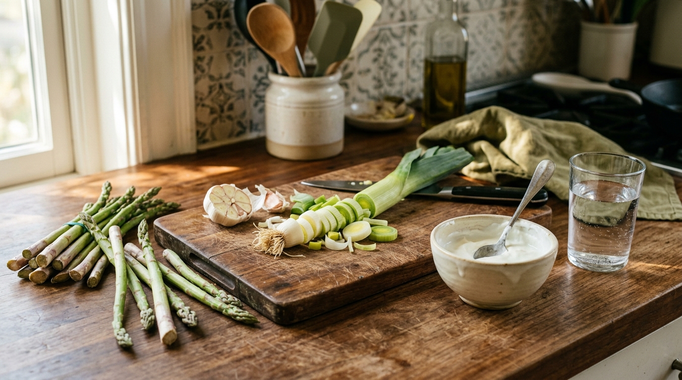 prebiotic foods wooden board yogurt leek garlic kitchen light
