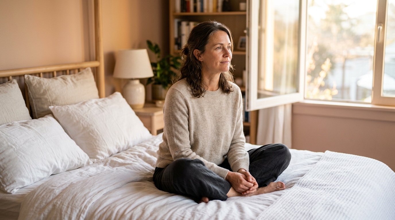woman sitting linen bed morning light quiet presence skin glow