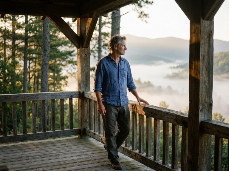 man standing on porch in soft morning light