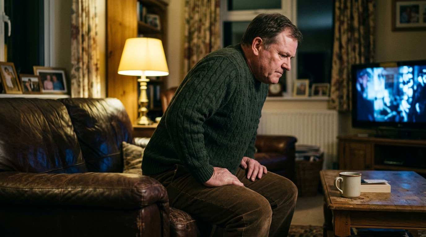 man slowly standing from couch in dim evening light