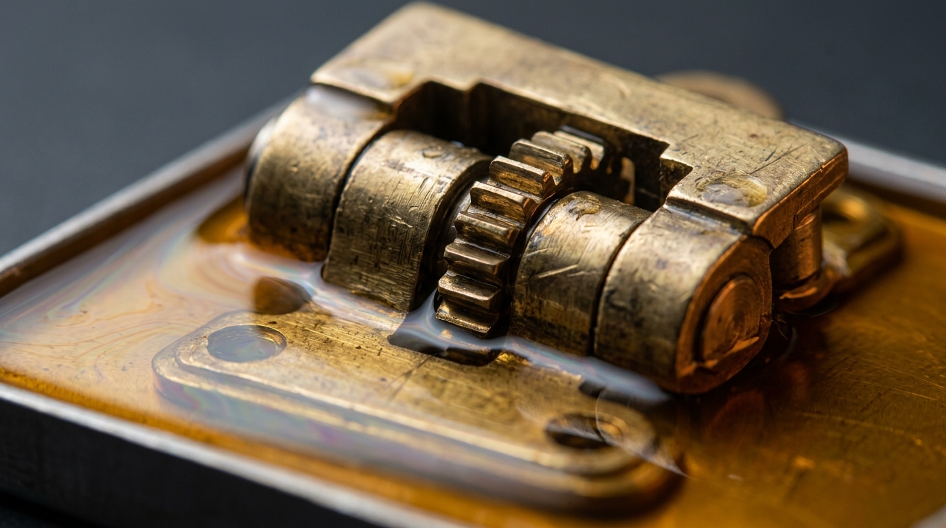 macro brass hinge submerged in amber viscous liquid