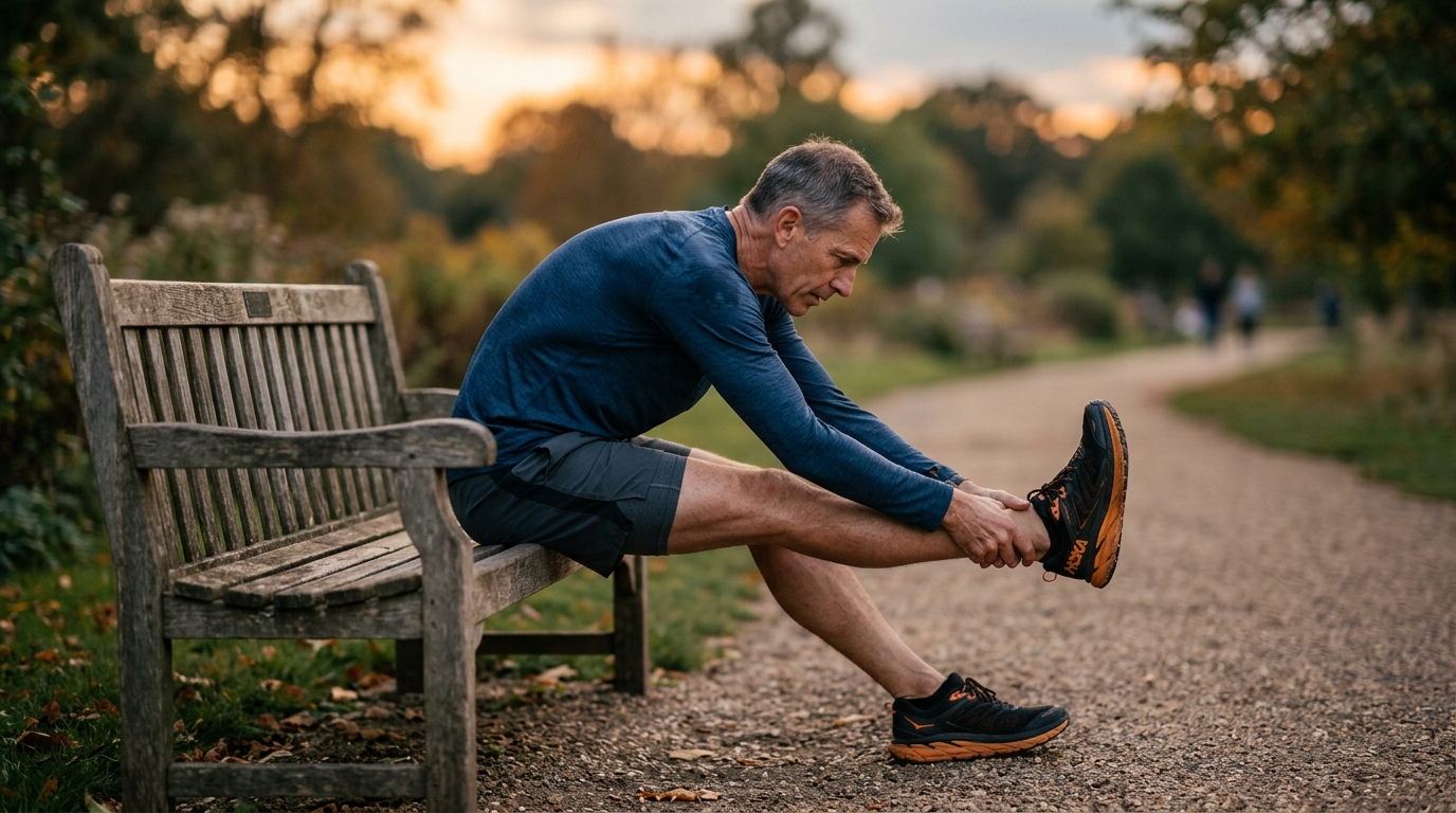 man stretching on park bench at golden hour