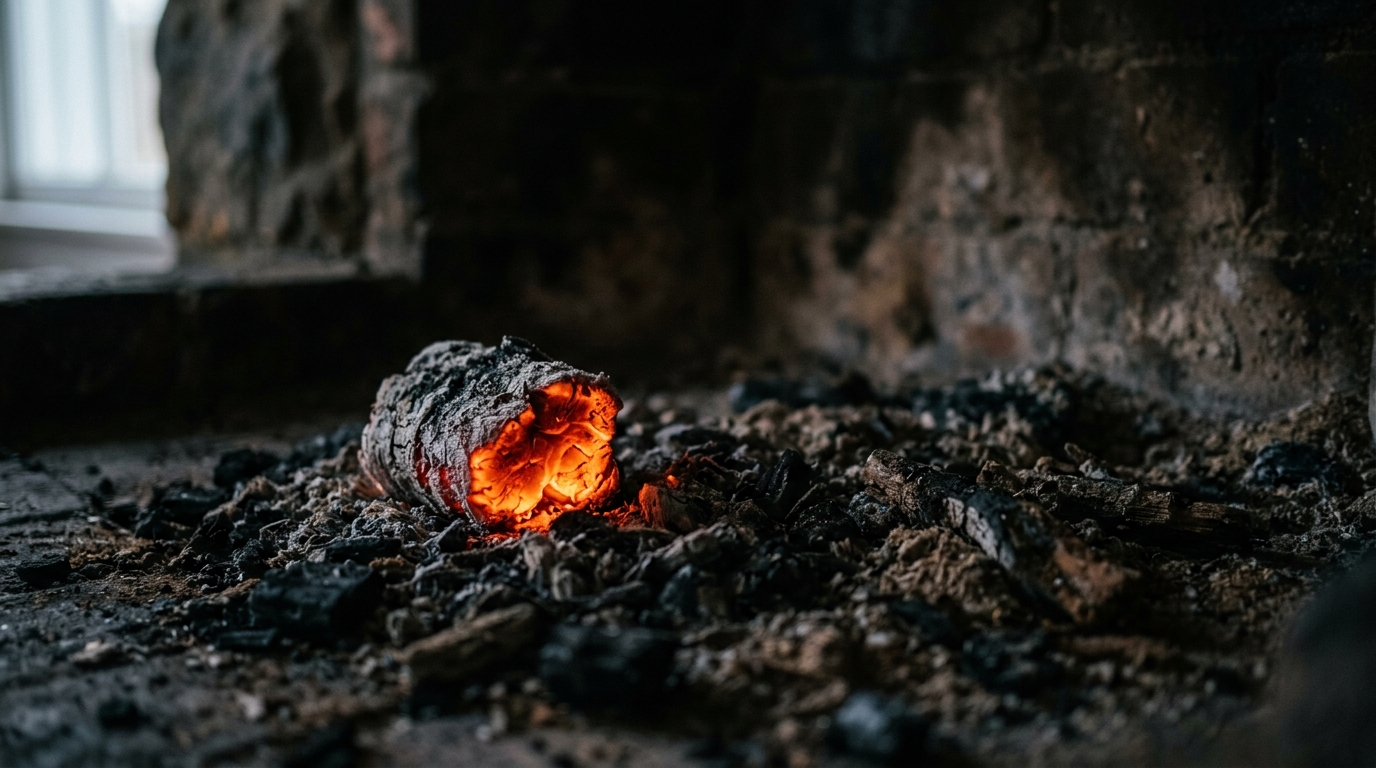 single glowing ember in grey ash fireplace
