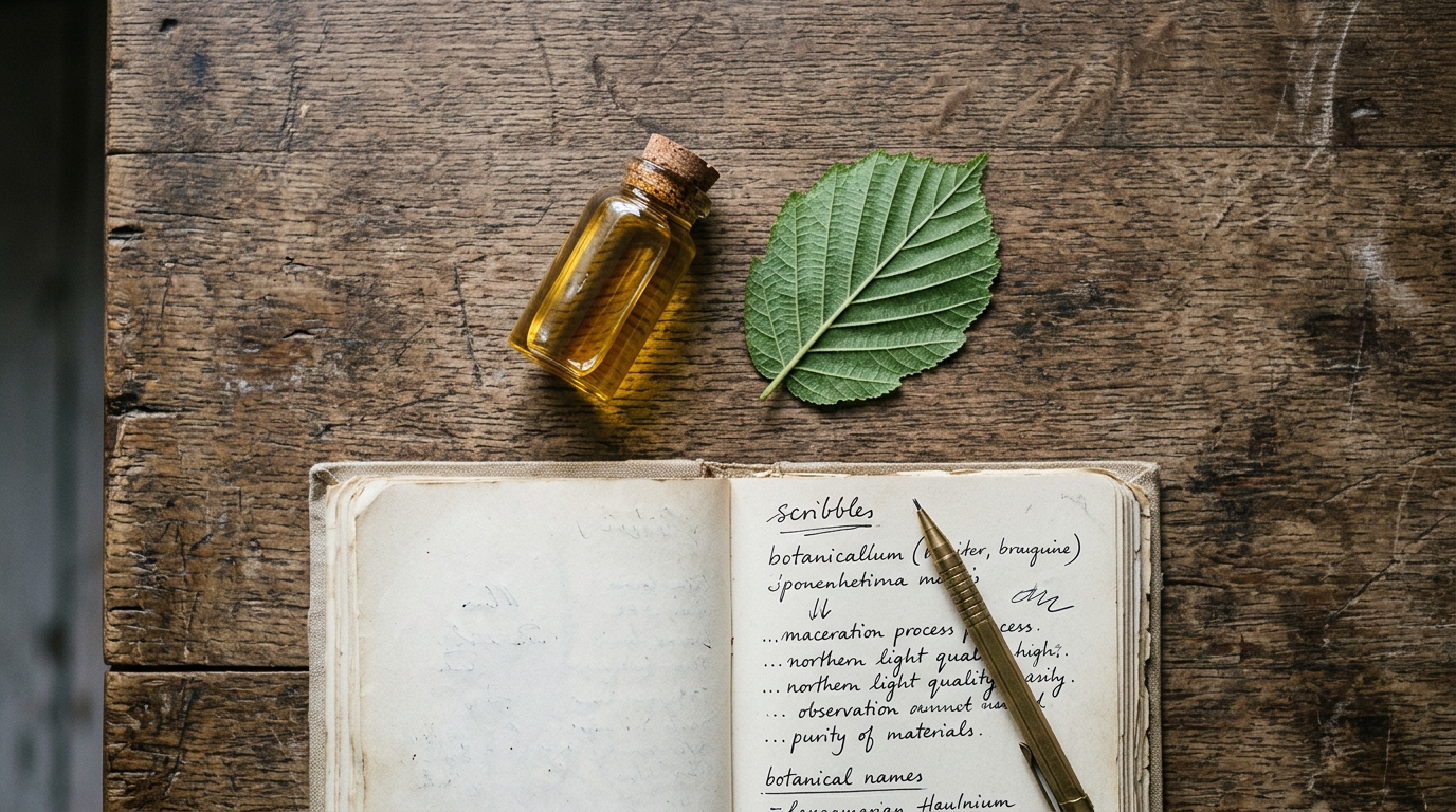glass vial leaf and notebook on wooden worktable