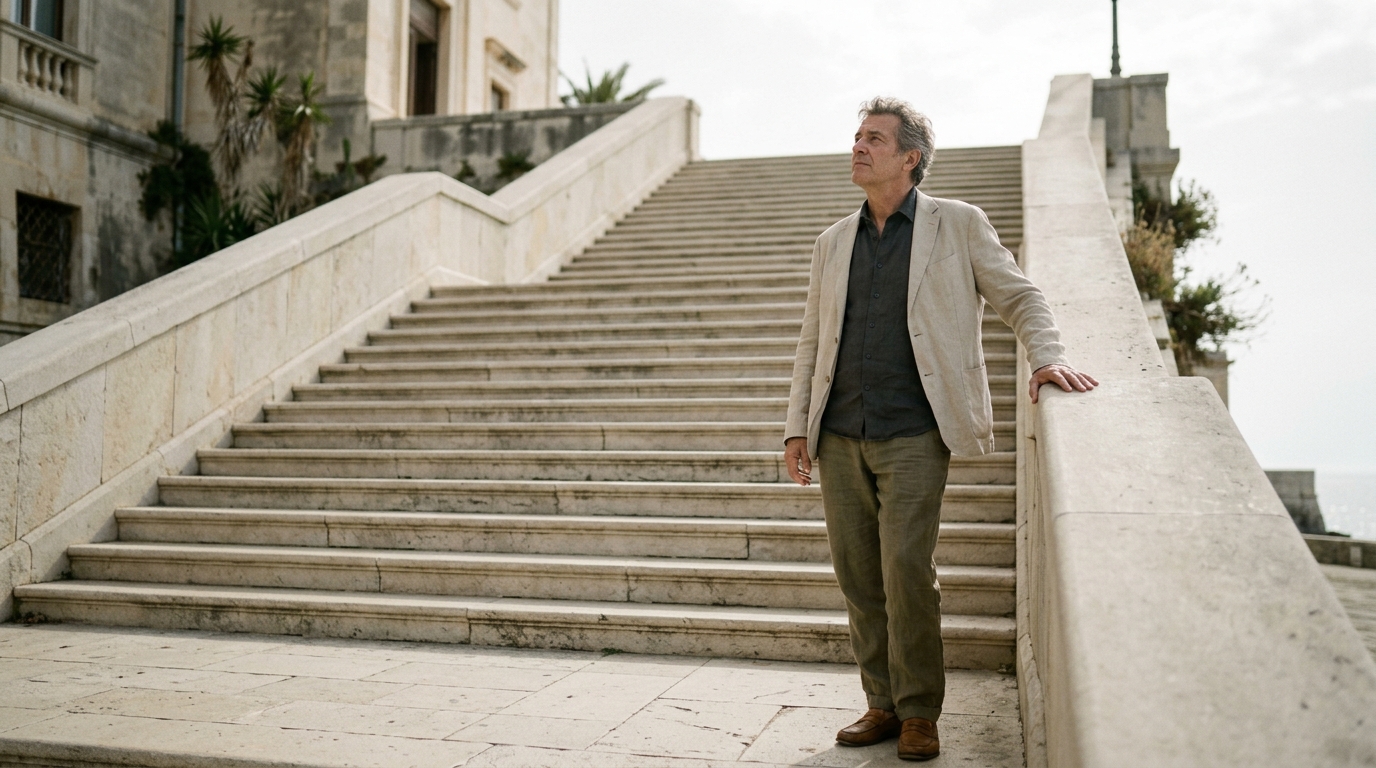 man standing at base of stone staircase looking up
