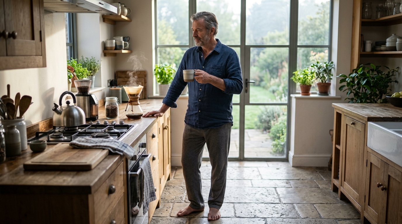 man making coffee at kitchen counter in morning light