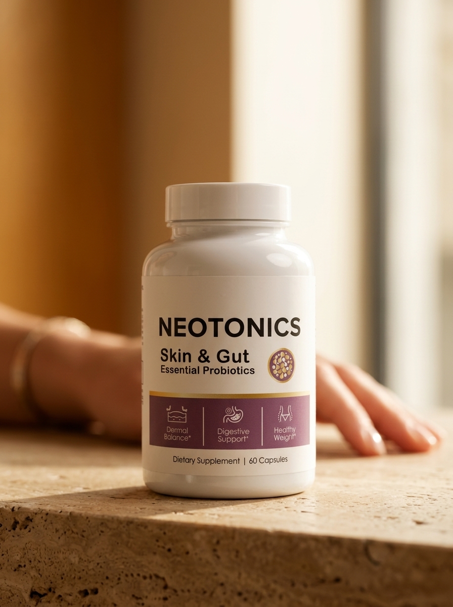 Neotonics supplement bottle on warm stone surface