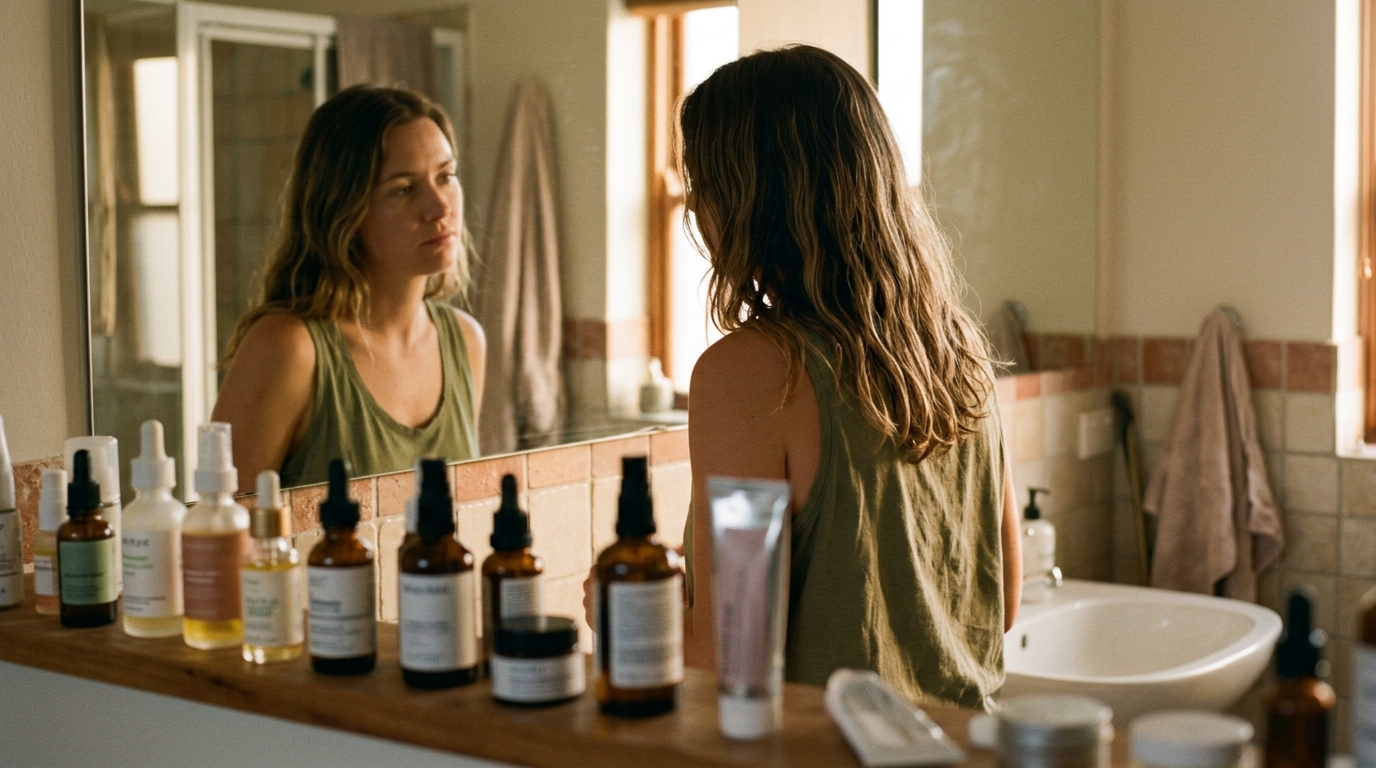 woman reflecting in mirror surrounded by skincare products
