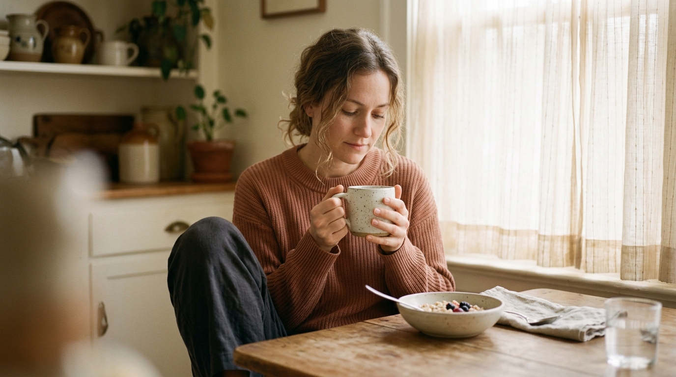 woman at kitchen table hands around mug quiet morning moment