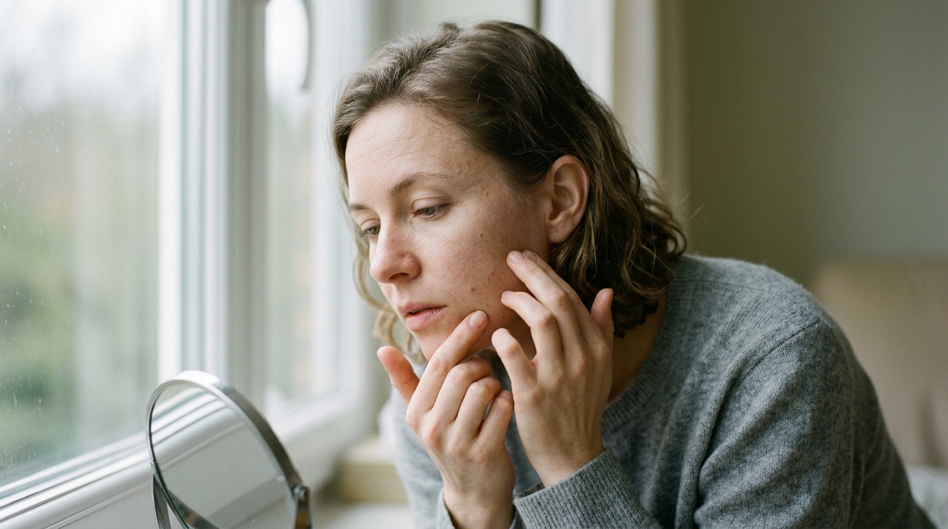 woman touching cheek gently in natural light examining skin texture