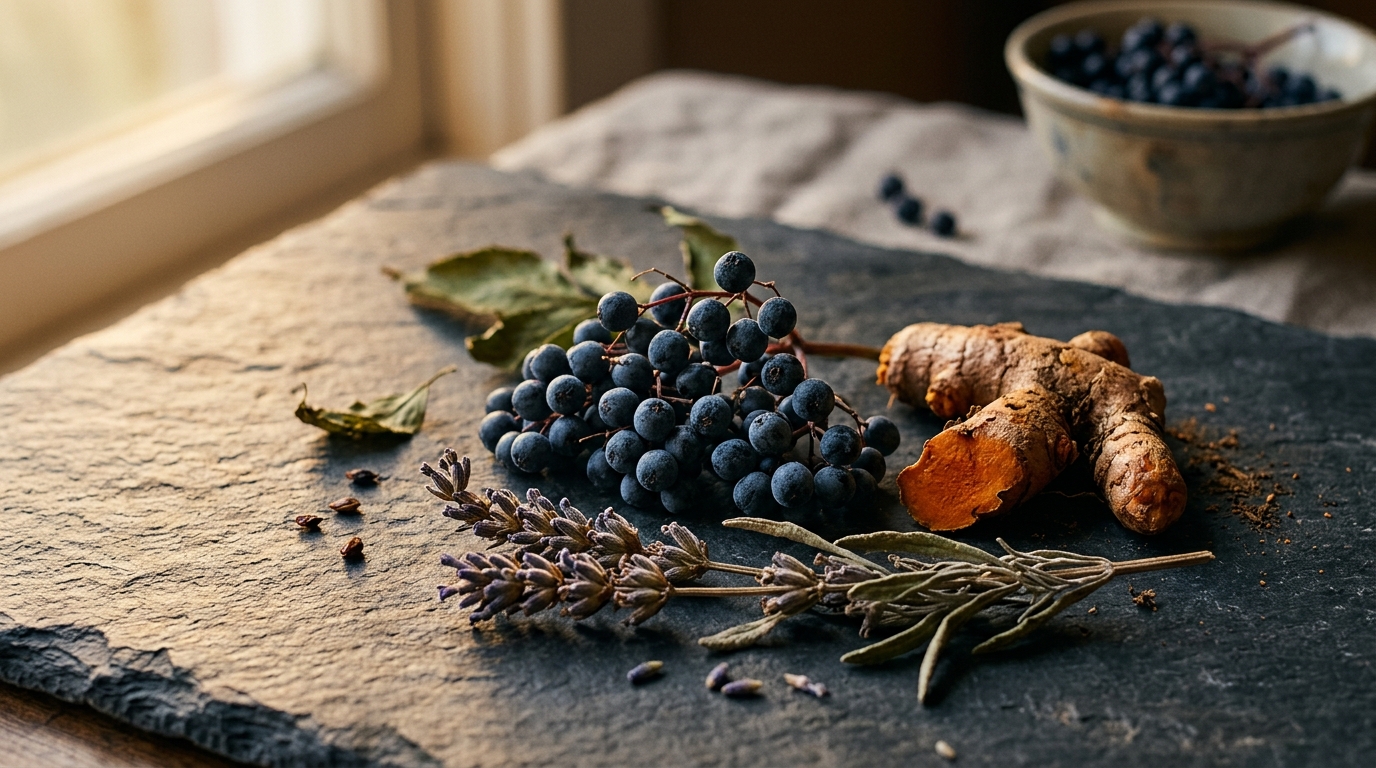 natural botanical ingredients on slate surface in warm golden light