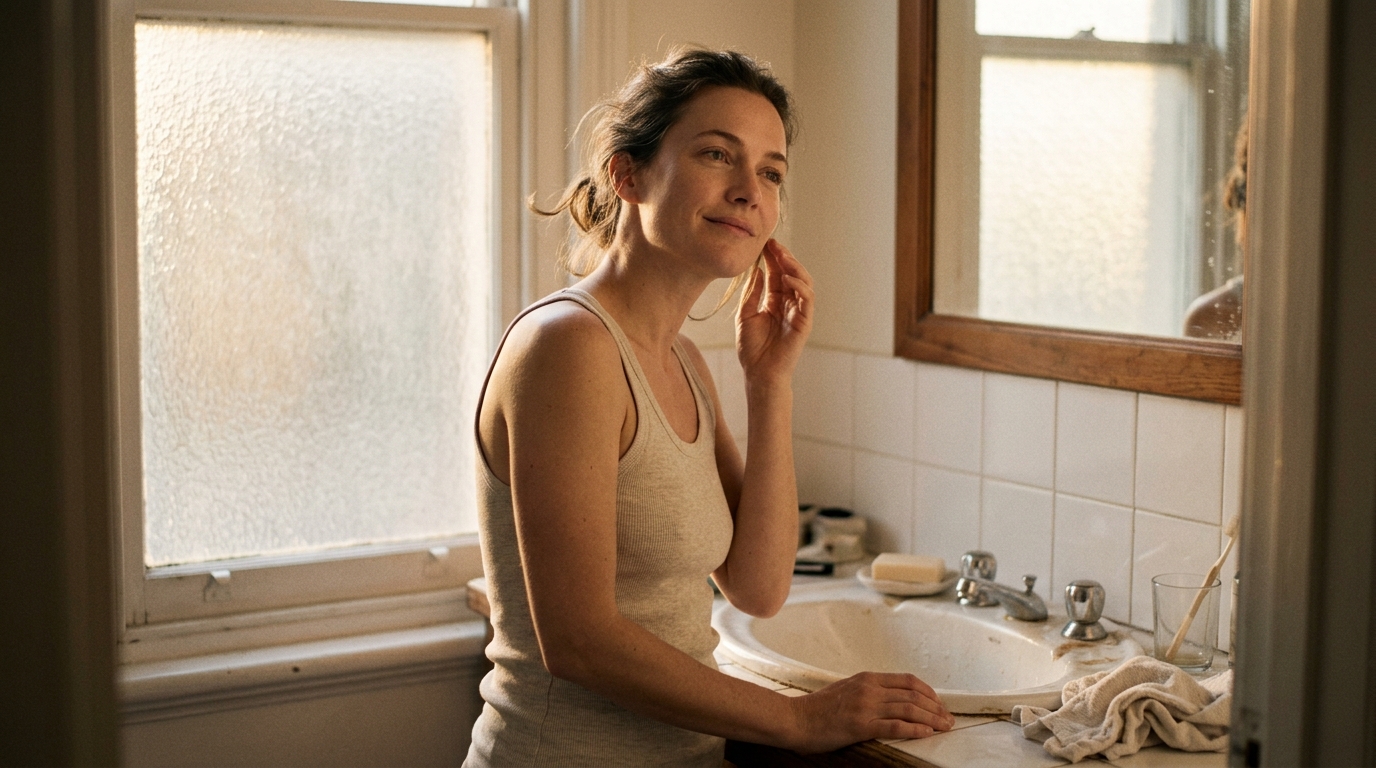 woman at bathroom sink in morning light expression quietly at ease