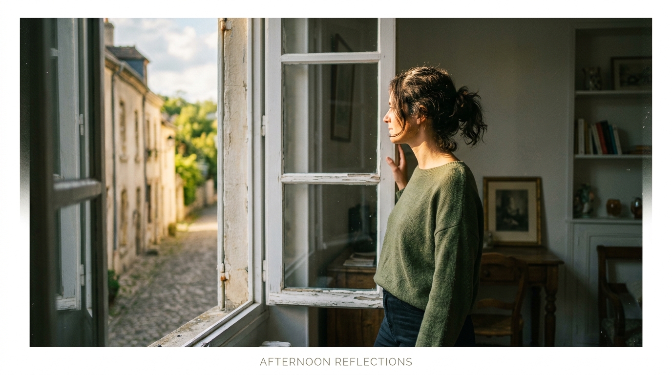 woman at open window afternoon light calm resolved posture