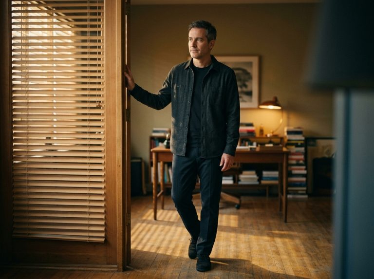 man standing in doorway golden afternoon light