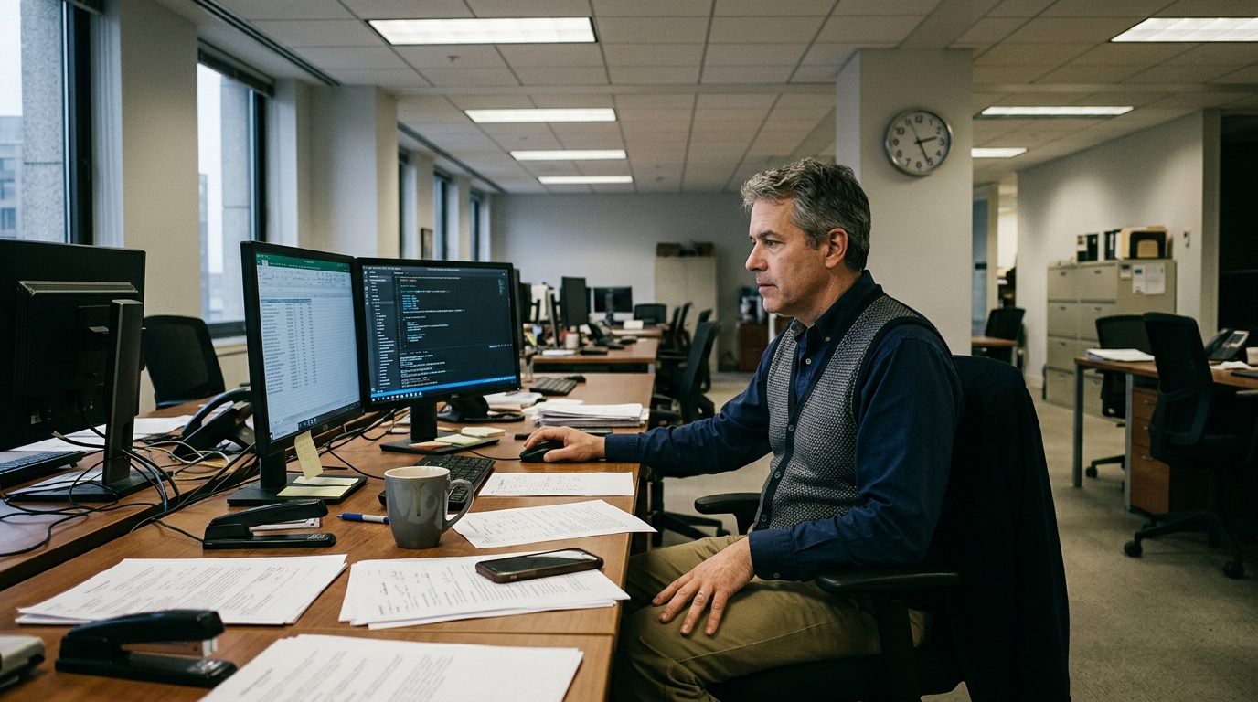 man seated at desk late afternoon office light