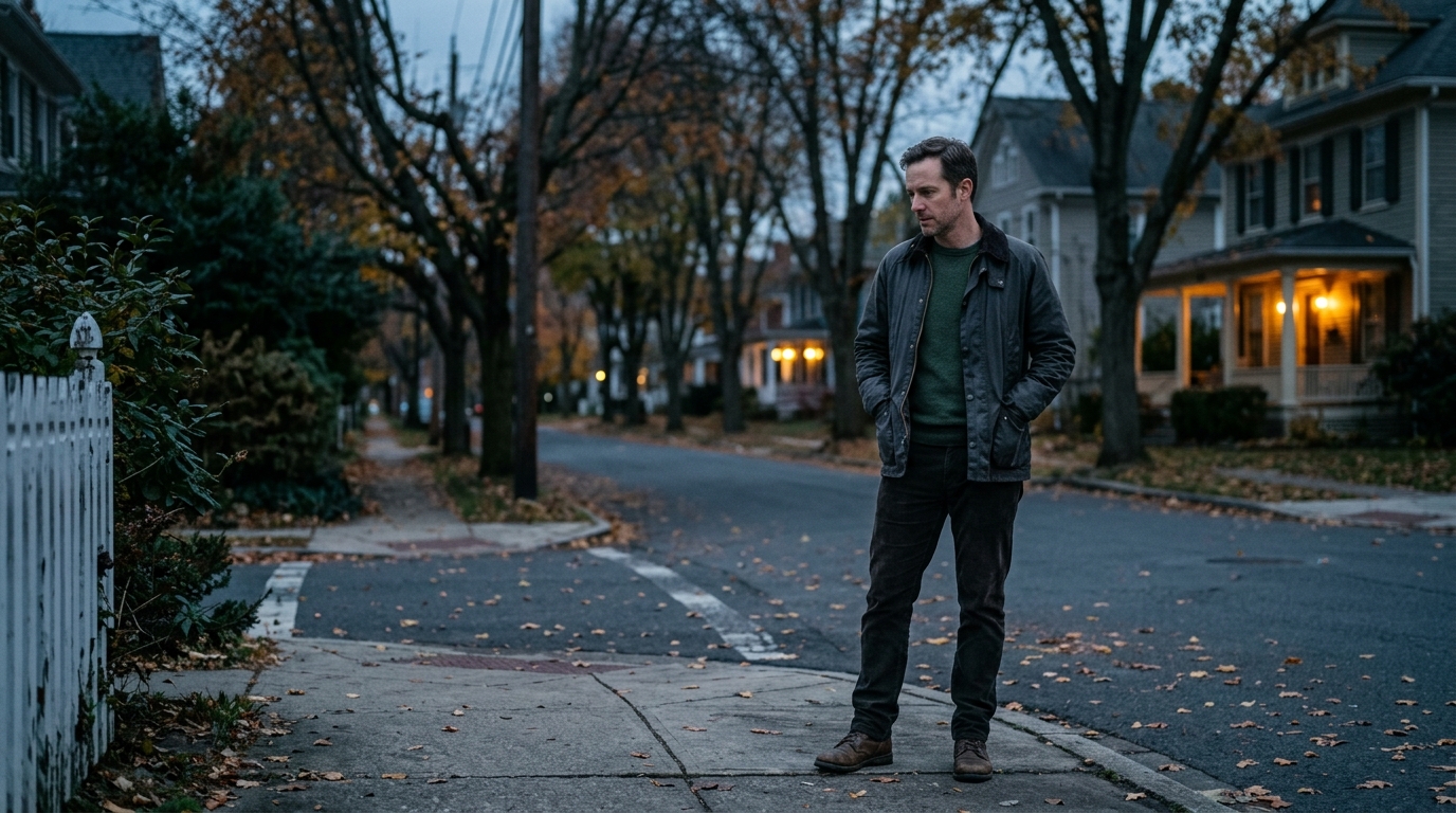 man standing on evening sidewalk hesitant looking ahead