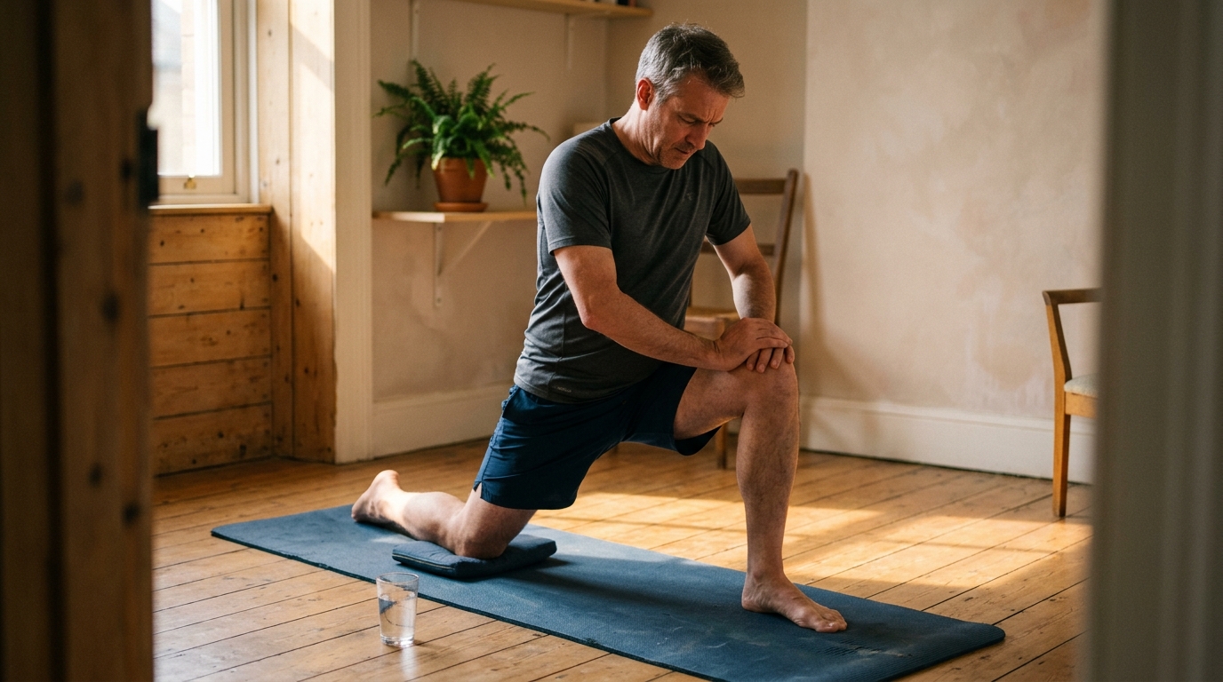 man stretching hip flexor on yoga mat morning light