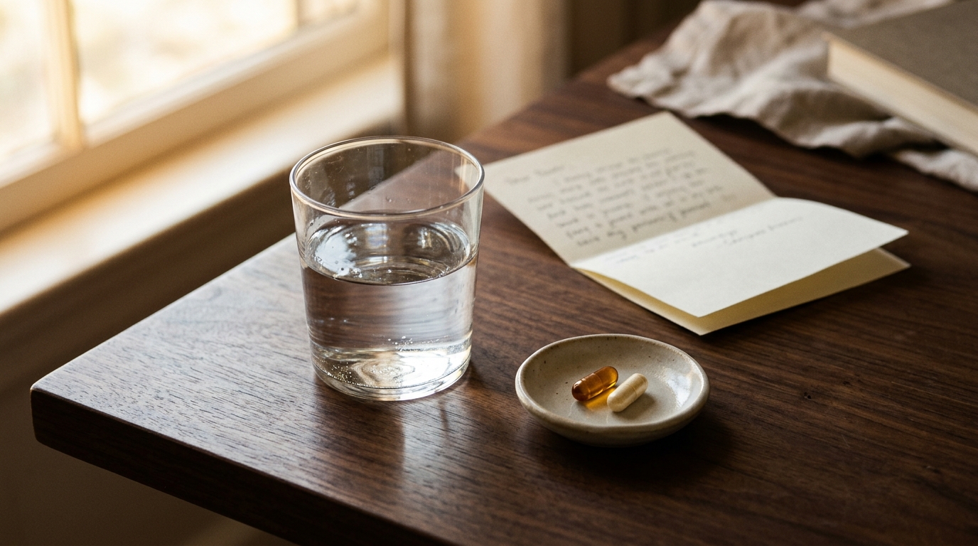 supplement capsules ceramic dish morning light walnut surface