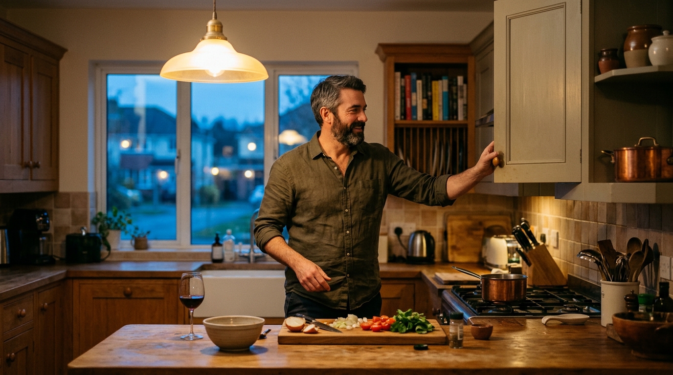 man moving through kitchen evening warmth ease