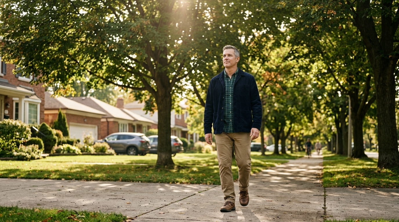 man walking confidently on morning tree lined path