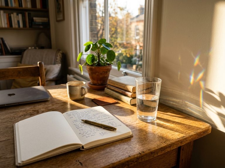 sunlit desk mid-afternoon warm light notebook water glass