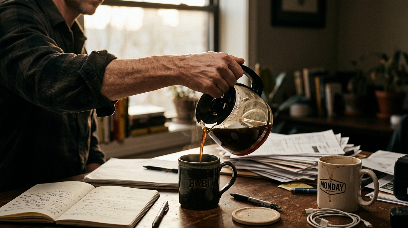 man pouring afternoon coffee tired hand desk light