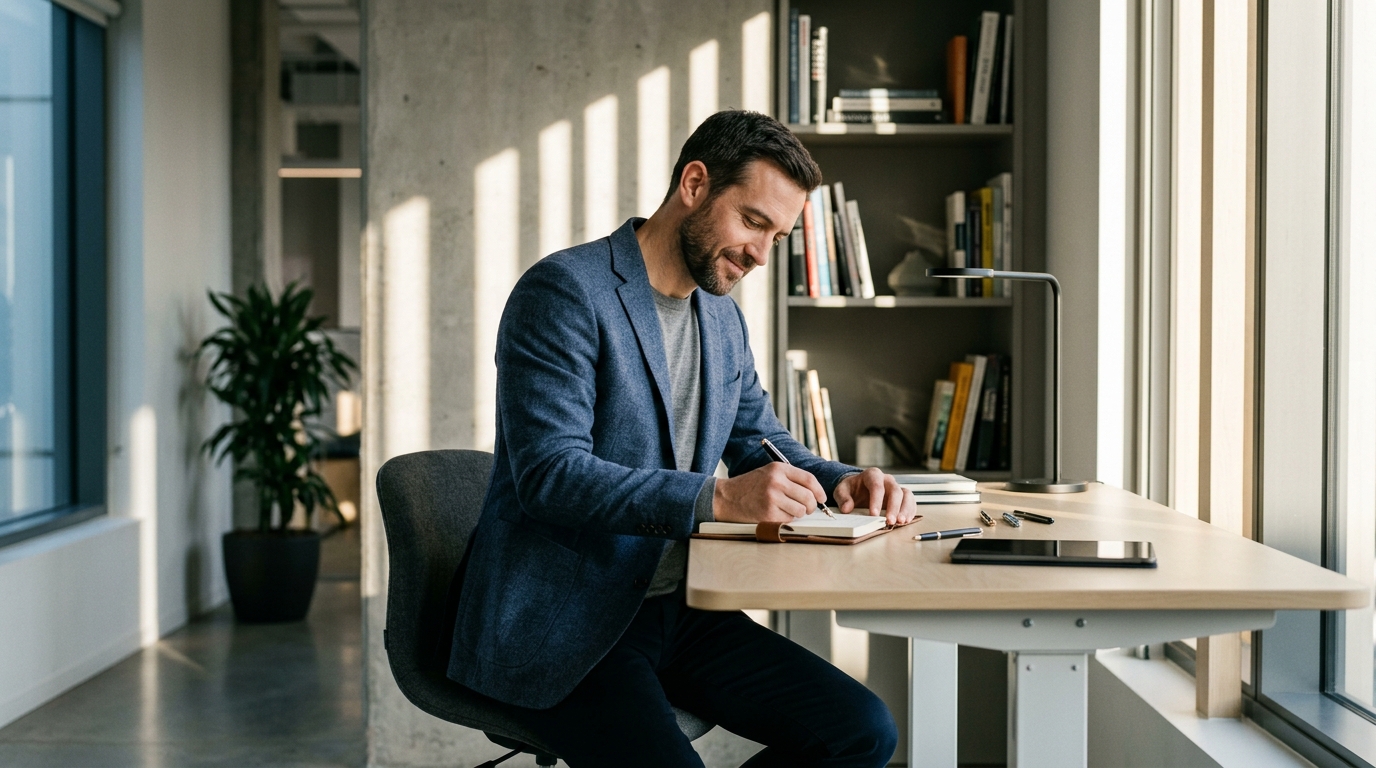 focused man writing at desk afternoon light engaged