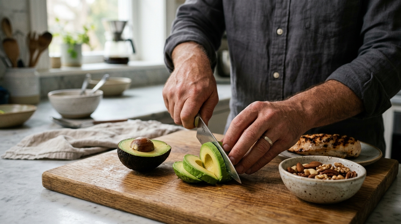 man hands slicing avocado wooden board natural light