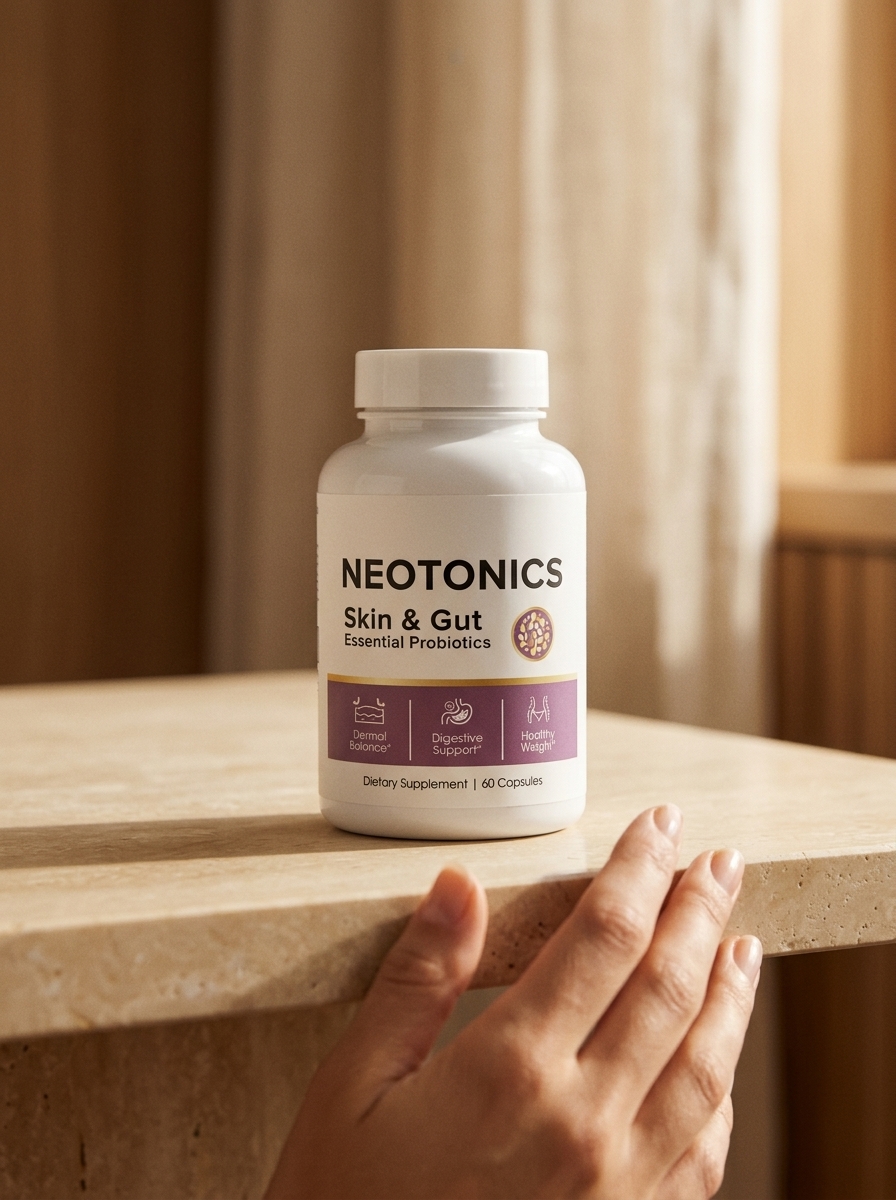Neotonics bottle on stone surface with warm natural light