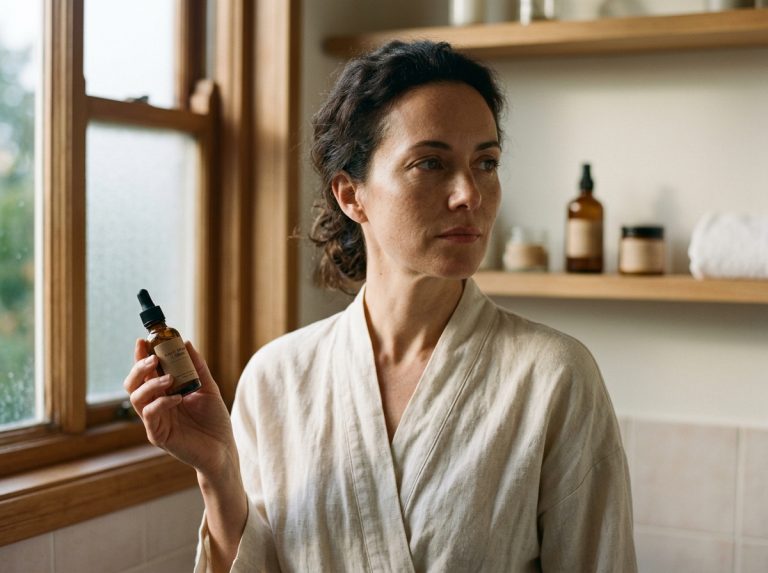 woman in morning light holding serum bottle reflectively