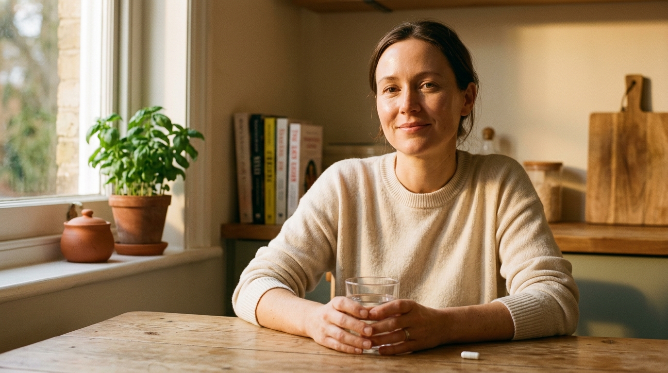 woman holding glass of water at morning kitchen table