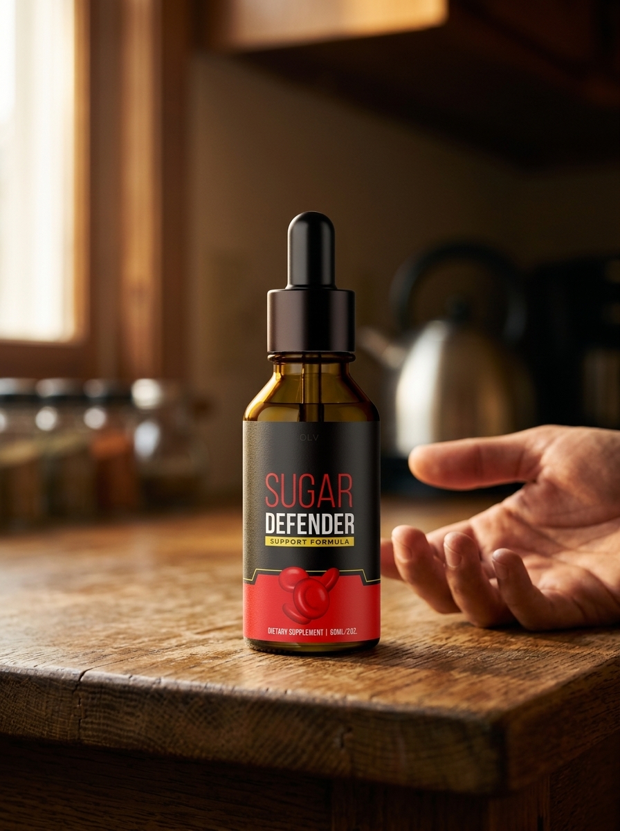 Sugar Defender bottle on oak surface with a mans hand beside it