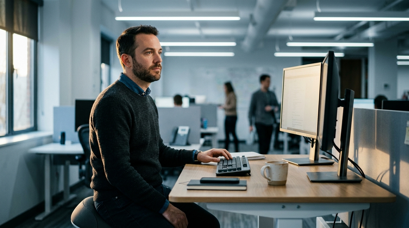 man staring blankly at monitor in mid morning office light