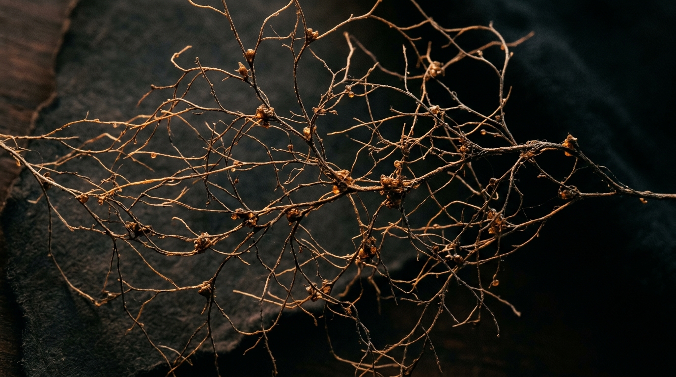 intricate branching filaments in warm amber macro light