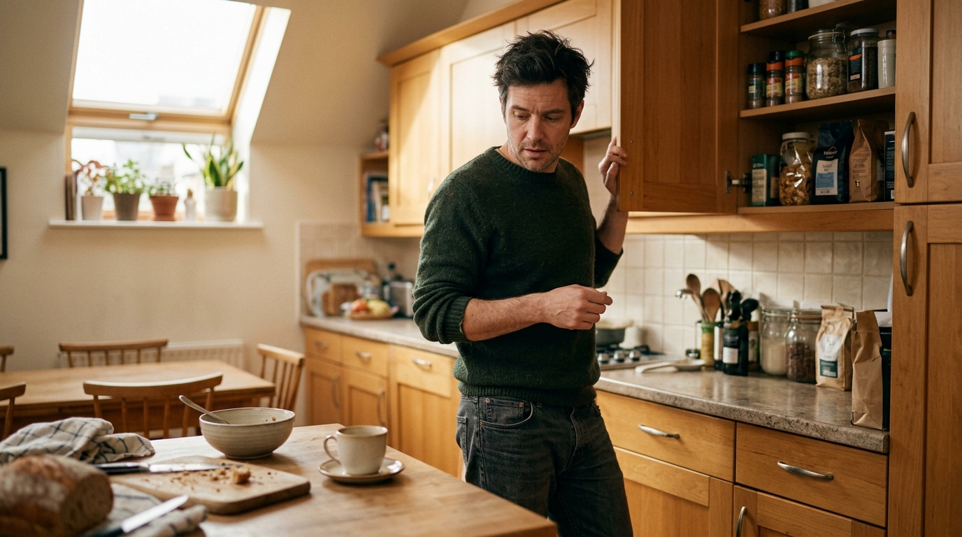 man reaching into open kitchen cabinet in mid morning light