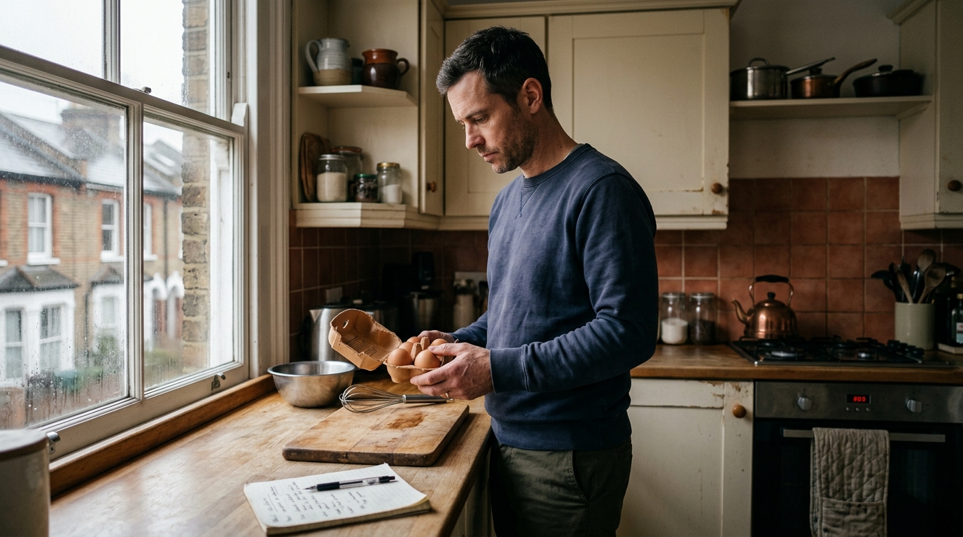 man holding egg carton in morning kitchen warm overcast light