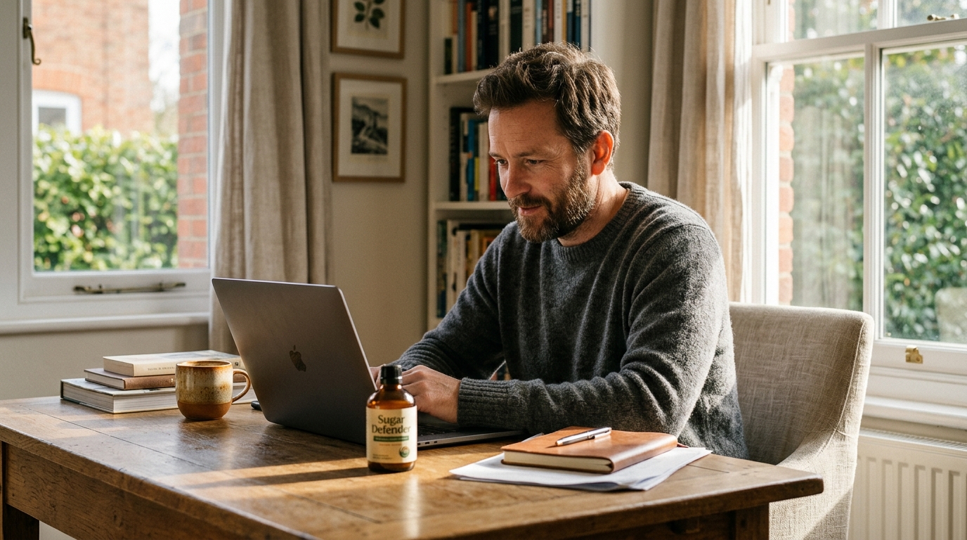 man at desk with Sugar Defender bottle in warm window light