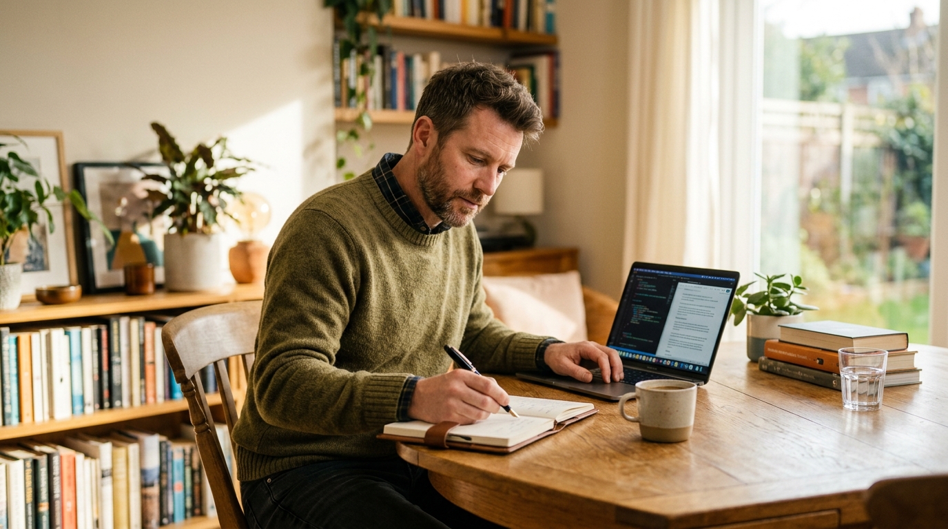 man working intently at desk in sharp late morning sunlight