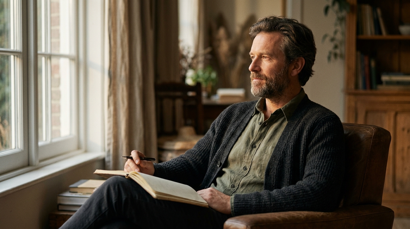 man sitting with notebook reflecting in quiet afternoon light