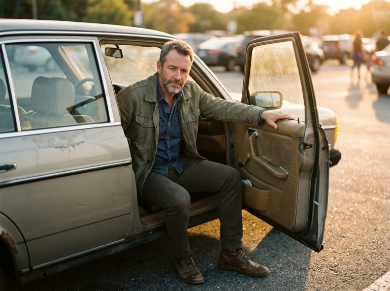 man pausing stepping out of car at golden hour