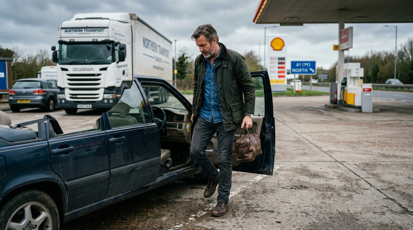 man carefully stepping out of car at rest stop