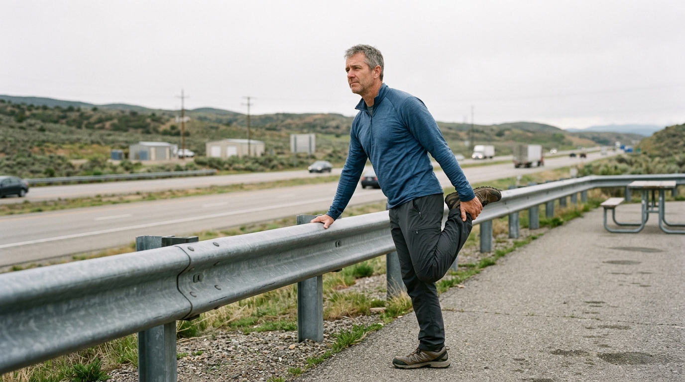 man stretching leg at roadside guardrail overcast day