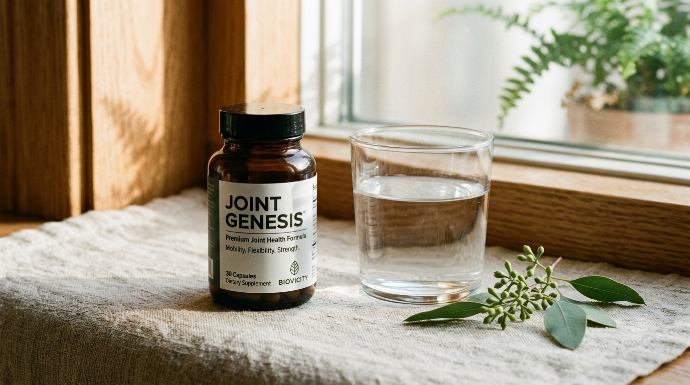 Joint Genesis bottle with glass of water morning light