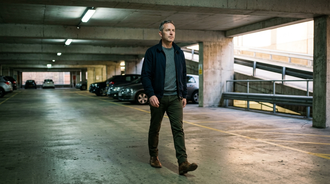 man walking confidently through parking lot natural stride