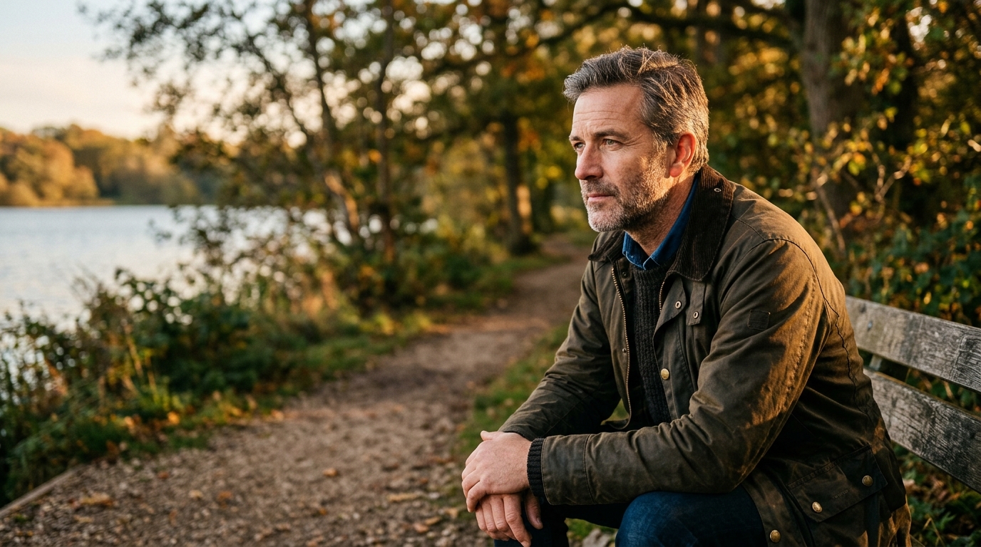 man sitting on bench outdoors in golden afternoon light
