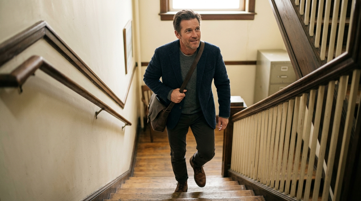 man climbing stairs with easy natural upward stride